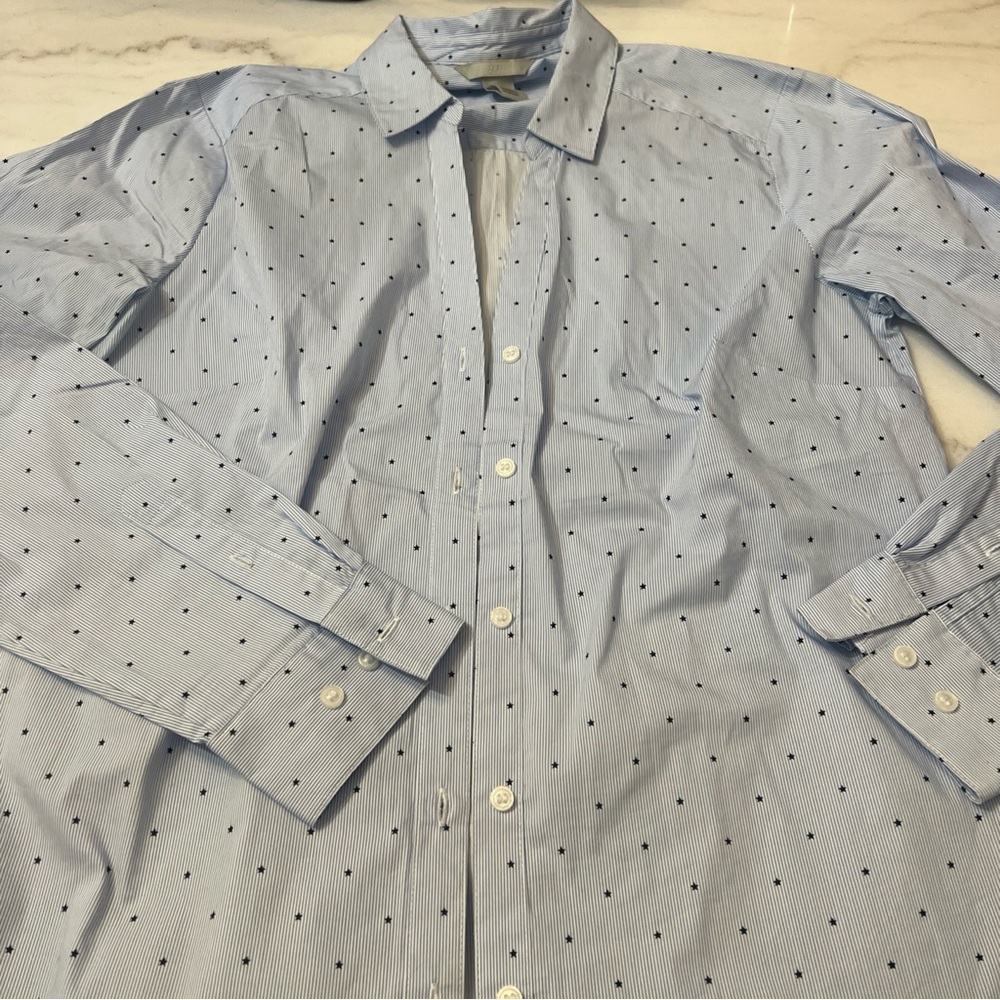H&M Maternity Button Down Dress Shirt Long Sleeve Blue Stars Print Size 12